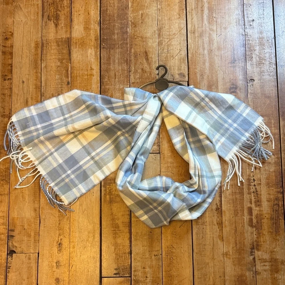 D&Y Soft Plaid Scarf in Blue Cream Tan winter cashmere like